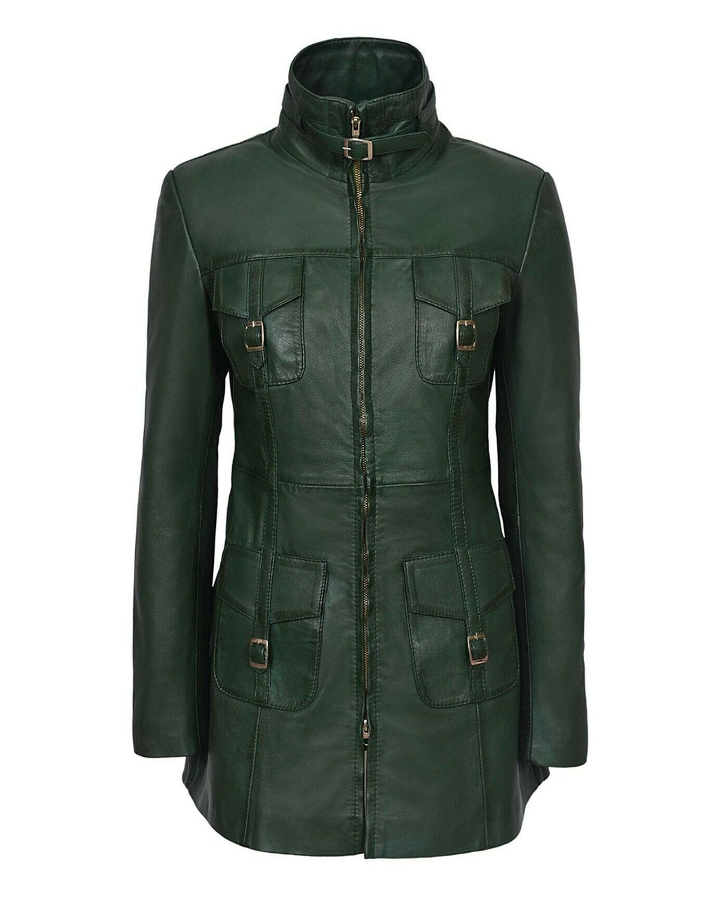 Glowrexs Women's Gothic Style Mid Length Real Sheepskin Leather Coat