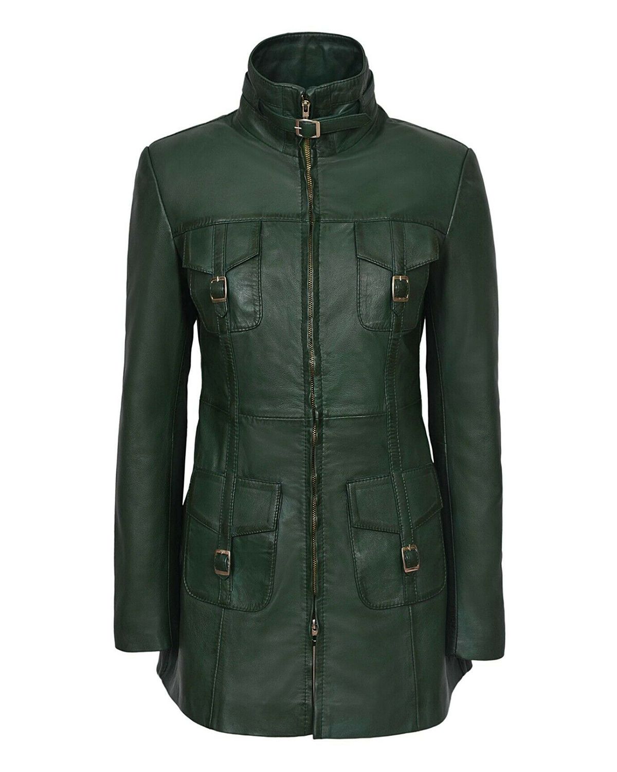 Glowrexs Women's Gothic Style Mid Length Real Sheepskin Leather Coat