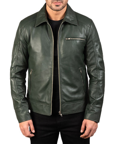 Glowrexs Men's Green Biker Real Leather Jacket