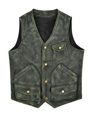 Glowrexs Men's Distressed Green Leather Hunter Vest