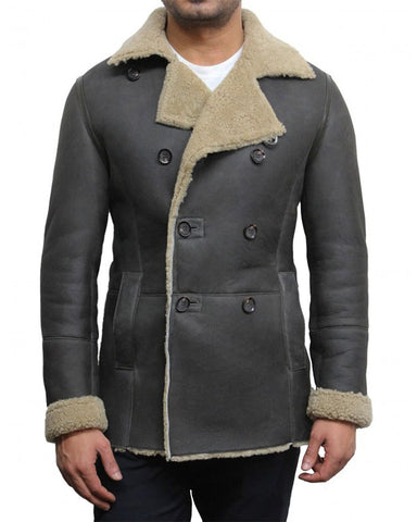 Glowrexs Men's Grey Double Breasted Real Leather Peacoat