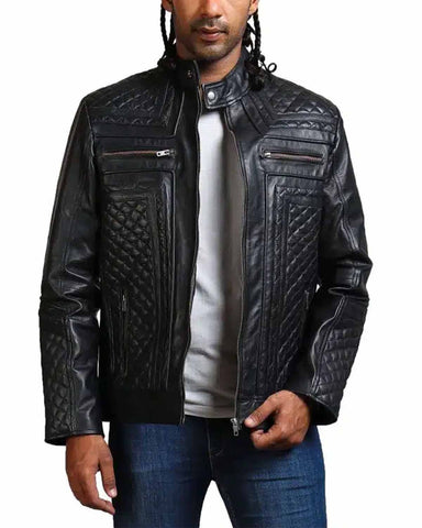 Glowrexs Classic Men Black Quilted Motorcycle Leather Jacket