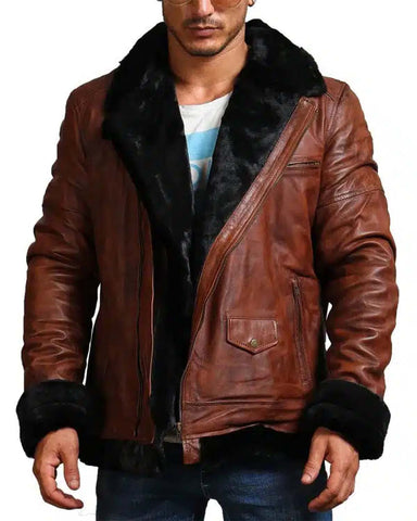 Glowrexs B3 Bomber Men Brown Vintage Fur Leather Jacket