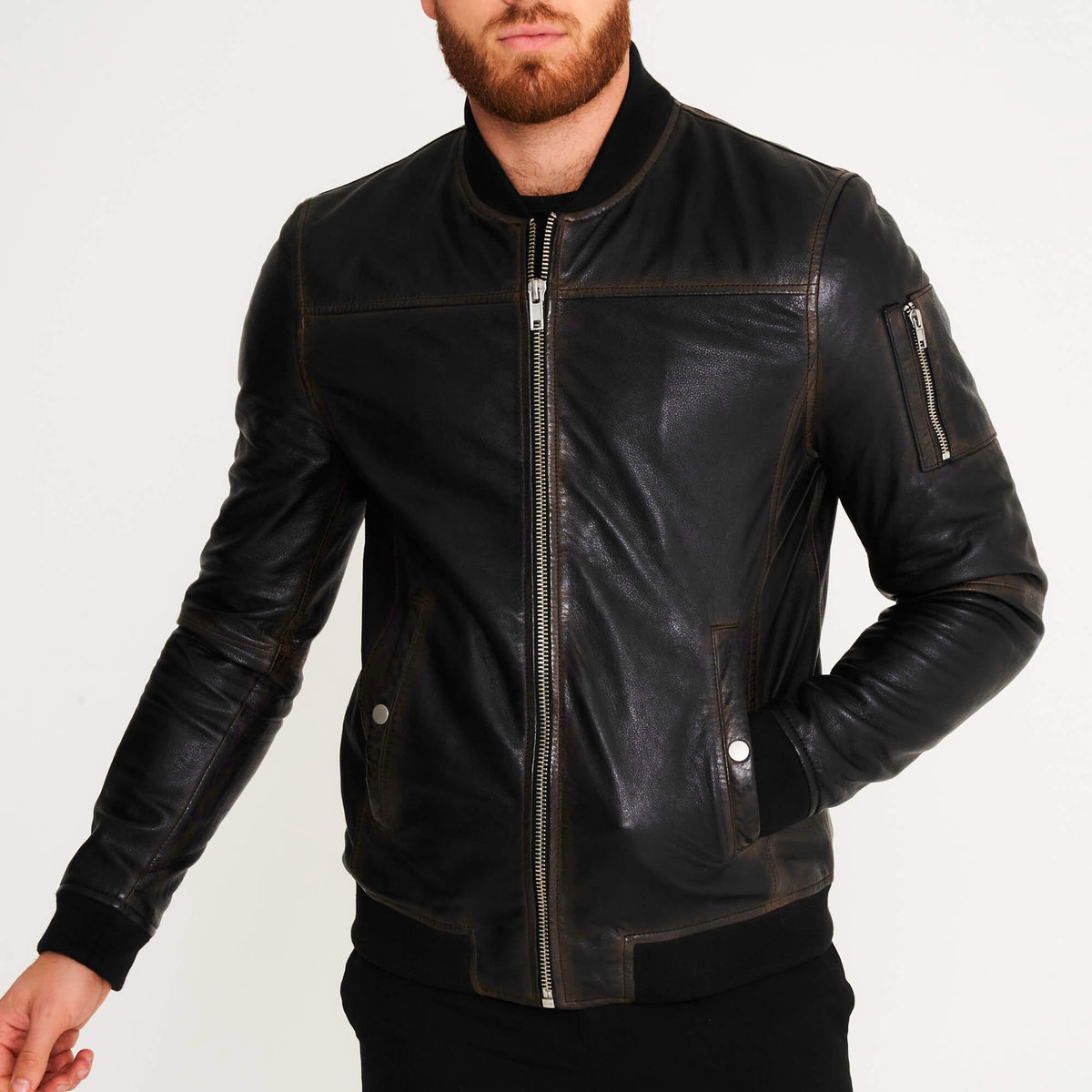 Glexo Men’s Washed Real Leather Bomber Jacket