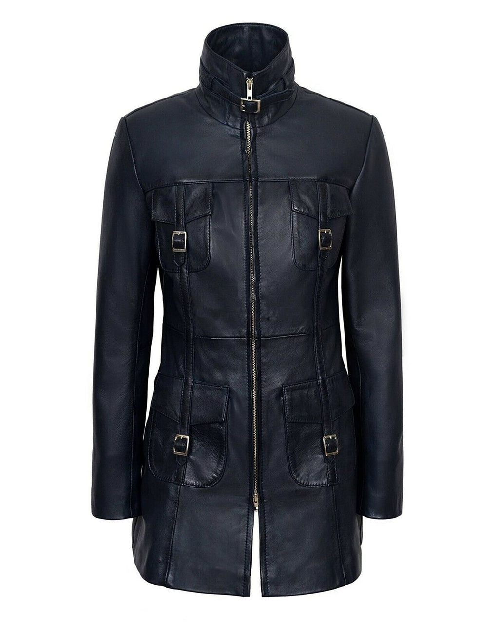 Glowrexs Women's Gothic Style Mid Length Real Sheepskin Leather Coat