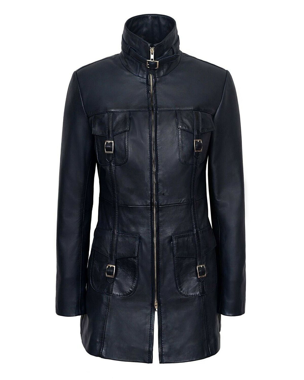 Glowrexs Women's Gothic Style Mid Length Real Sheepskin Leather Coat