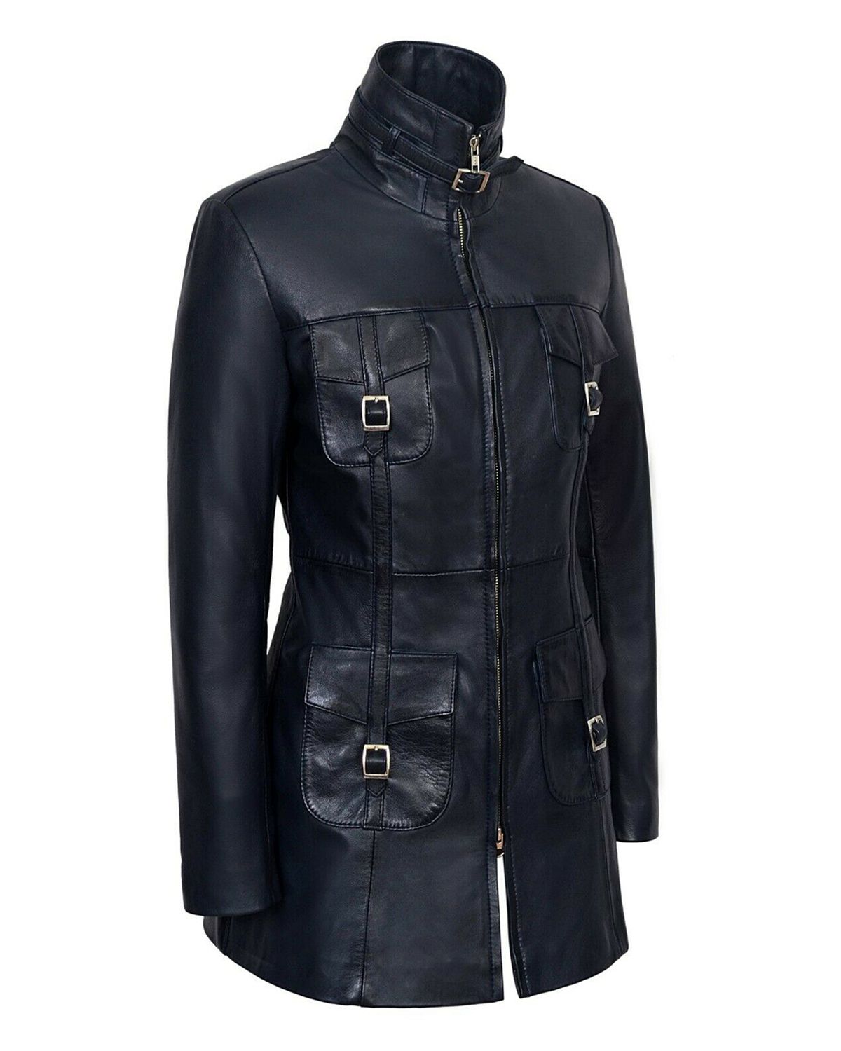 Glowrexs Women's Gothic Style Mid Length Real Sheepskin Leather Coat