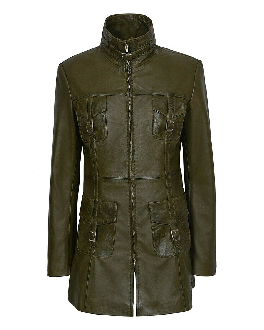 Glowrexs Women's Gothic Style Mid Length Real Sheepskin Leather Coat