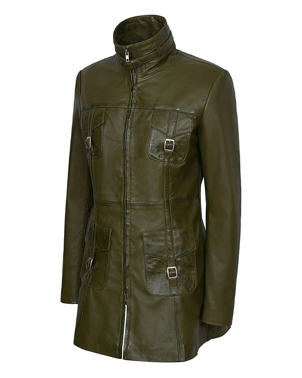 Glowrexs Women's Gothic Style Mid Length Real Sheepskin Leather Coat