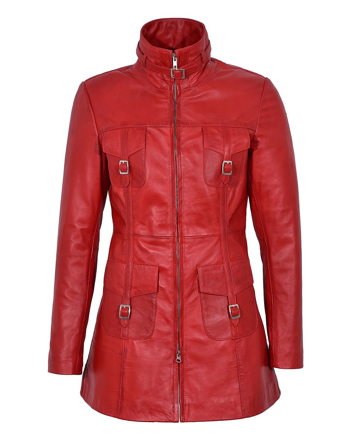 Glowrexs Women's Gothic Style Mid Length Real Sheepskin Leather Coat