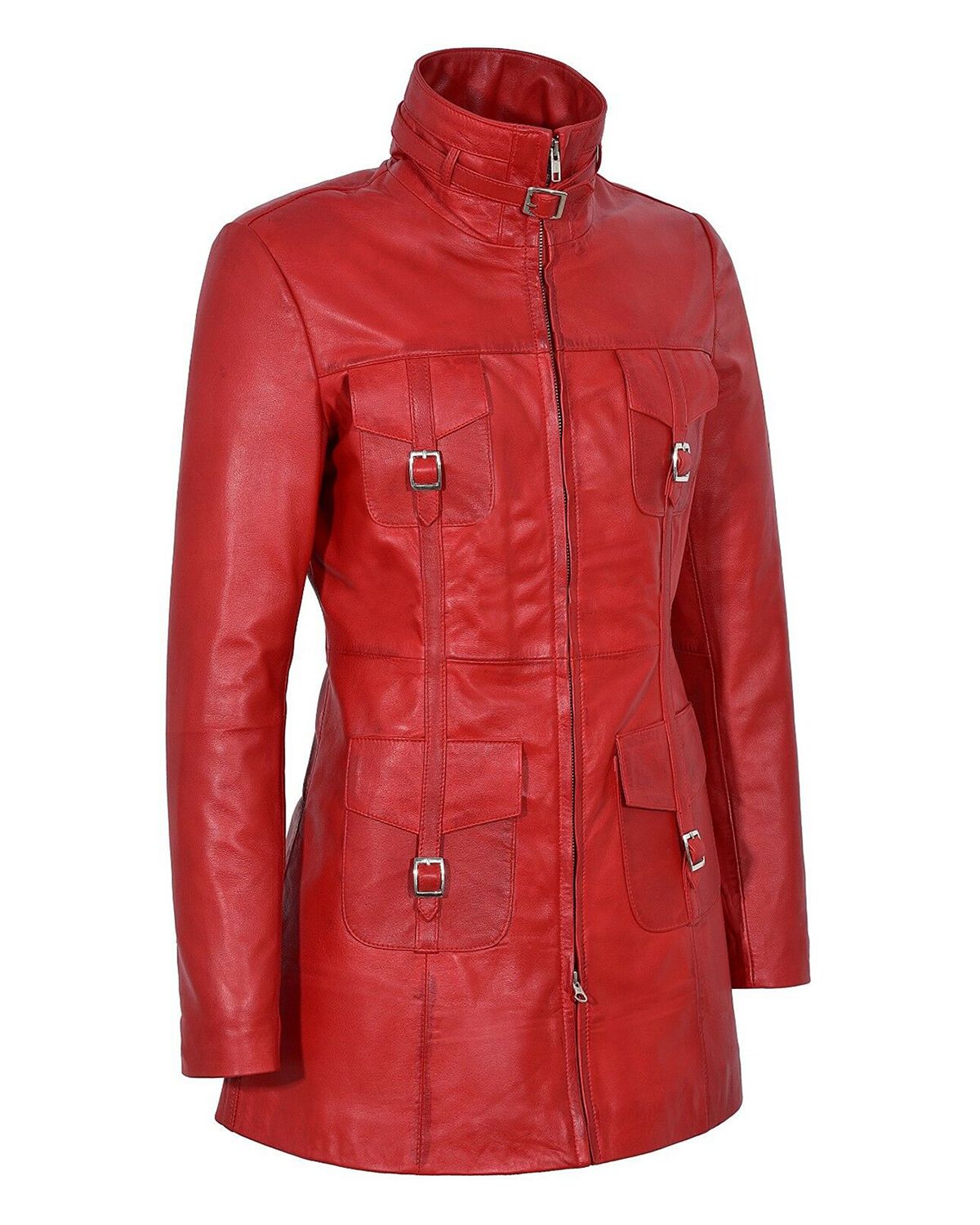 Glowrexs Women's Gothic Style Mid Length Real Sheepskin Leather Coat