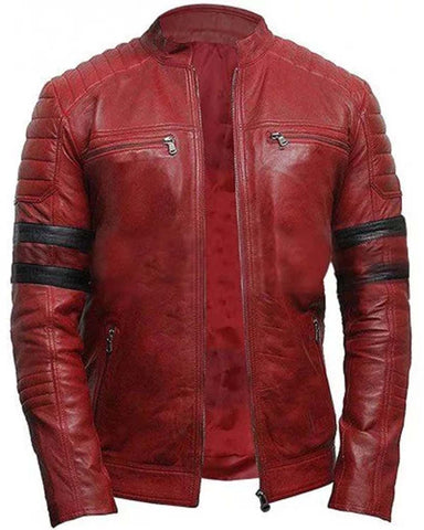 Glowrexs Cafe Racer Retro Biker Red & Black Stripe Motorcycle Leather Jacket