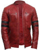 Glowrexs Cafe Racer Retro Biker Red & Black Stripe Motorcycle Leather Jacket