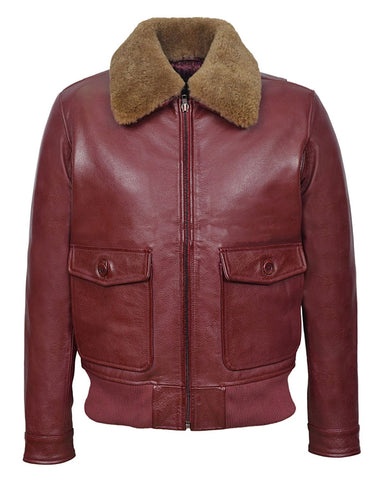 Glowrexs Men's Cherry Bomber Ginger Fur Collar Real Leather Jacket