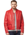 Glowrexs Men's Classic Stylish Red Biker Real Leather Jacket