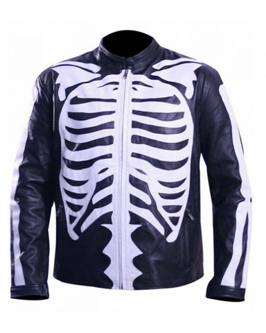 Glowrexs Mens Motorcycle Biker Skeleton Bones Leather Jacket Black/Blue