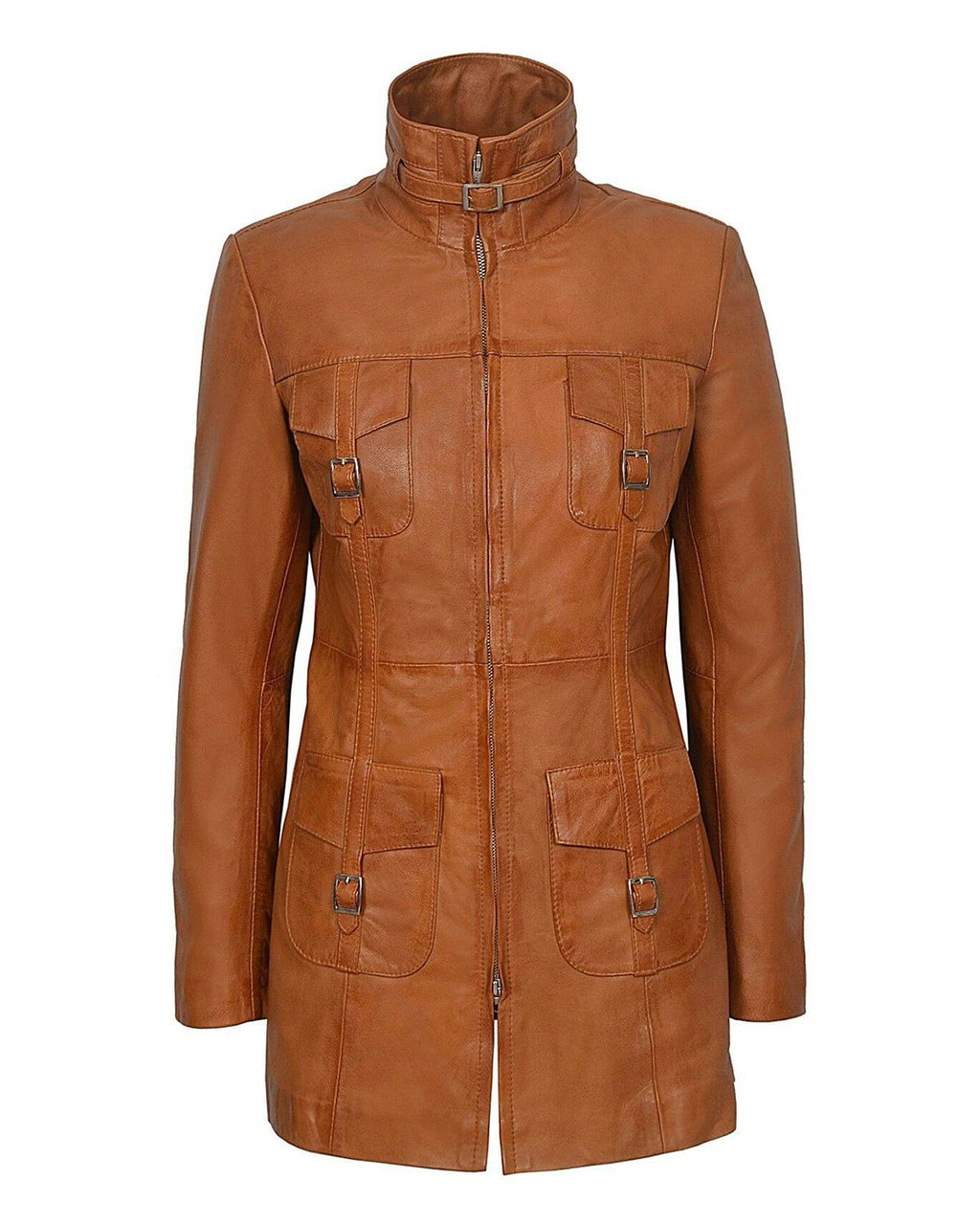 Glowrexs Women's Gothic Style Mid Length Real Sheepskin Leather Coat