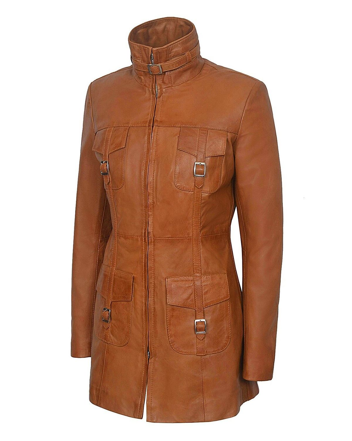 Glowrexs Women's Gothic Style Mid Length Real Sheepskin Leather Coat