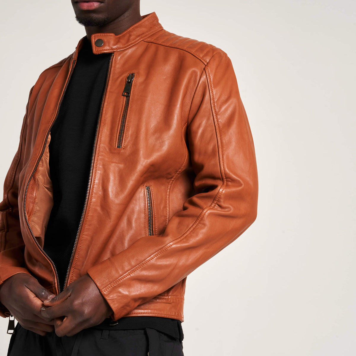 Men’s Tan Chrome-Free Leather Racer Jacket