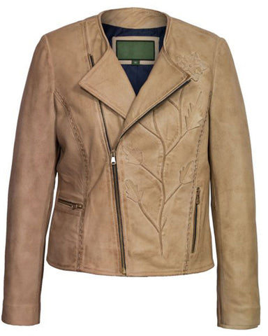 Glowrexs Women’s Sand Collarless Leather Jacket